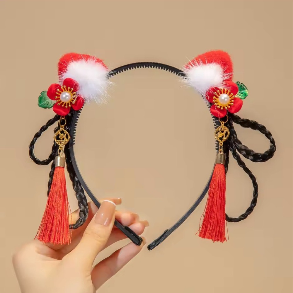 Red and Black Cat Ear Headband with Tassels